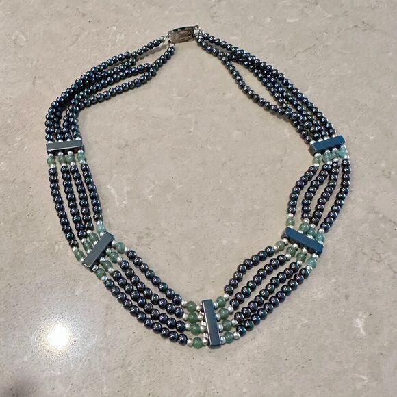 Vintage Hematite & Green Beaded Statement Necklace - Picture 1 of 10